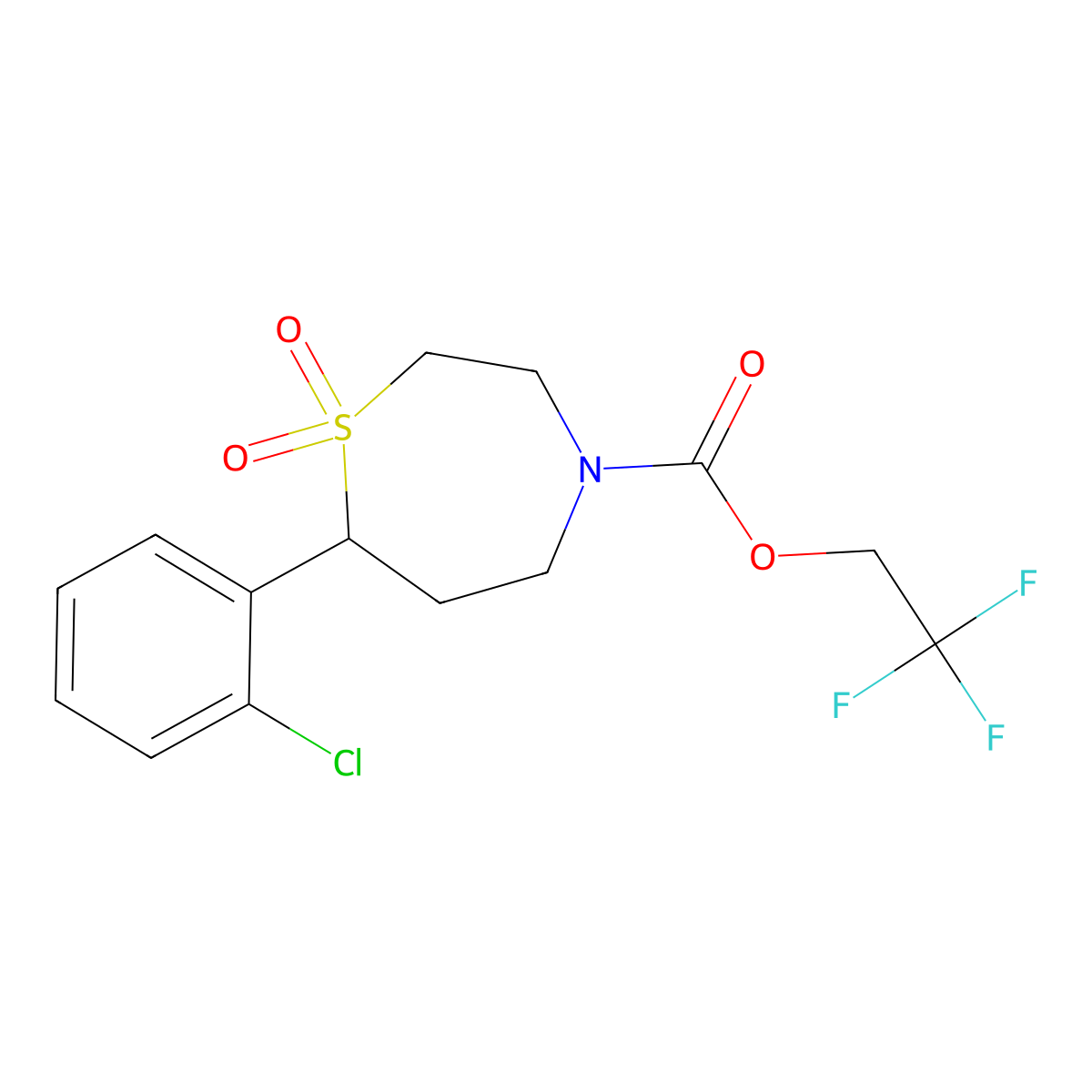 2,2,2-Trifluoroethyl 7-(2-chlorophenyl)-1,4-thiazepane-4-carboxylate 1,1-dioxide molecular structure, CAS 2177060-11-4