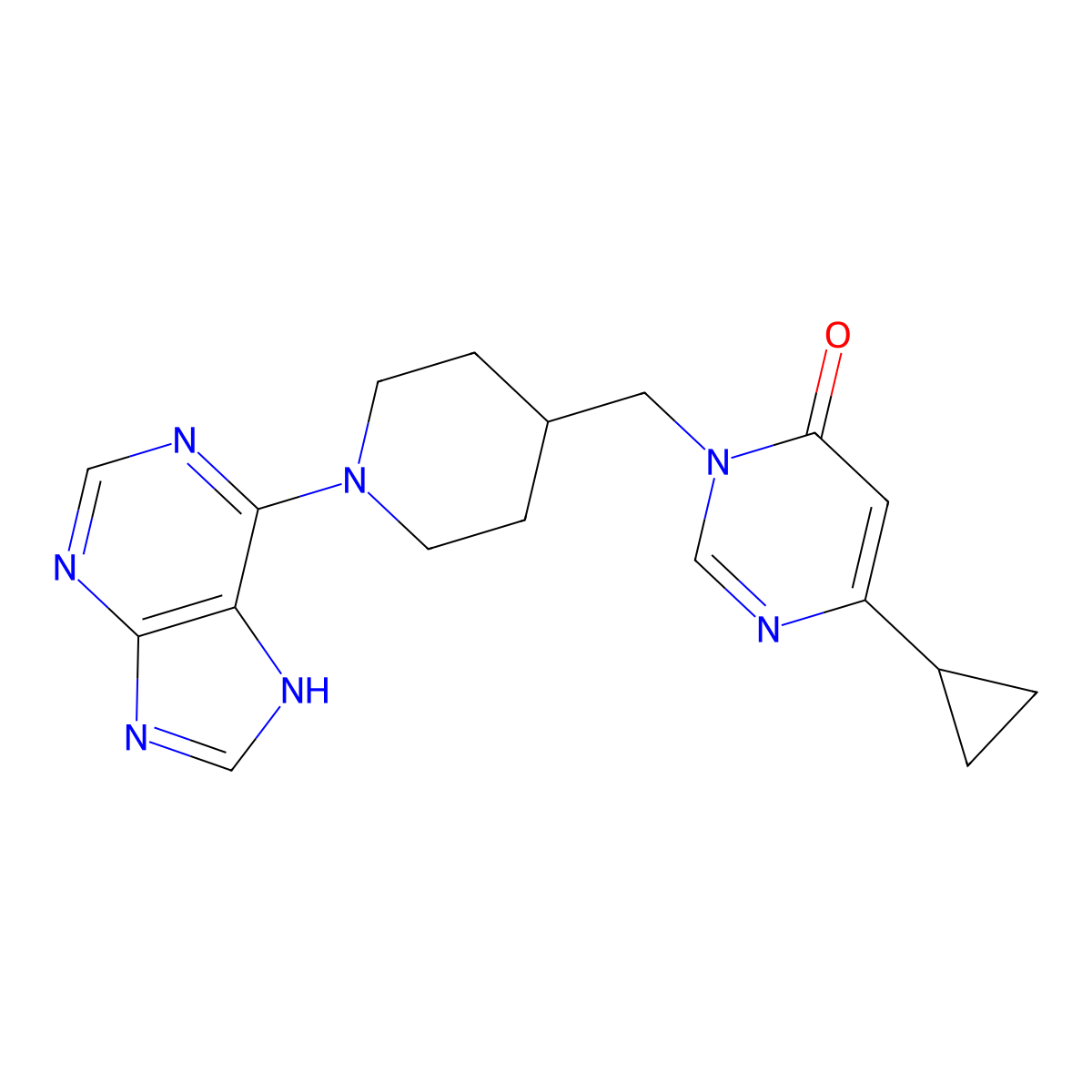 6-cyclopropyl-3-{[1-(9H-purin-6-yl)piperidin-4-yl]methyl}-3,4-dihydropyrimidin-4-one molecular structure, CAS 2177060-14-7