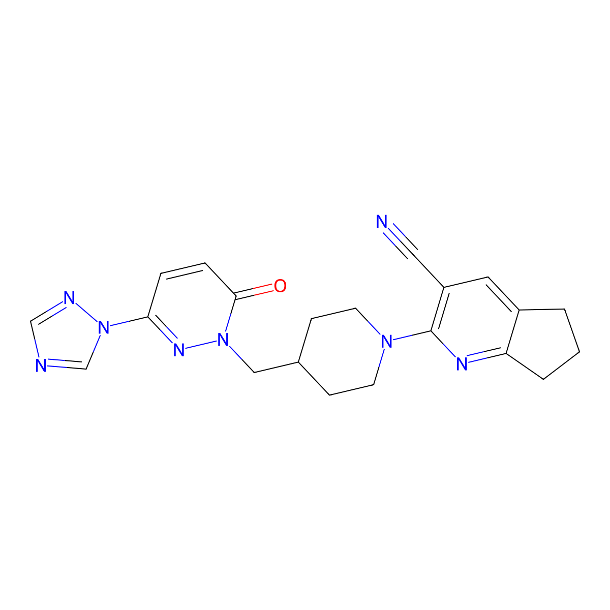 2-(4-{[6-oxo-3-(1H-1,2,4-triazol-1-yl)-1,6-dihydropyridazin-1-yl]methyl}piperidin-1-yl)-5H,6H,7H-cyclopenta[b]pyridine-3-carbonitrile molecular structure, CAS 2177060-27-2