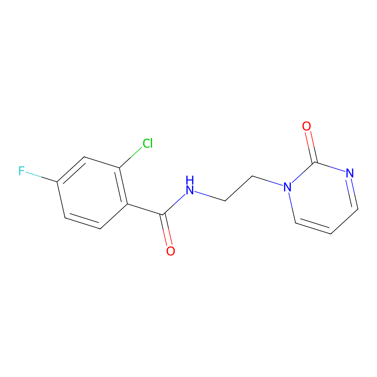 2-chloro-4-fluoro-N-(2-(2-oxopyrimidin-1(2H)-yl)ethyl)benzamide molecular structure, CAS 2177060-84-1