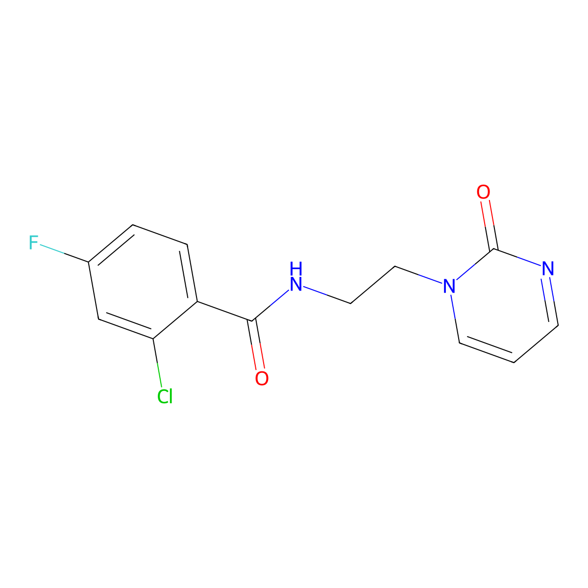 2-chloro-4-fluoro-N-(2-(2-oxopyrimidin-1(2H)-yl)ethyl)benzamide molecular structure, CAS 2177060-84-1