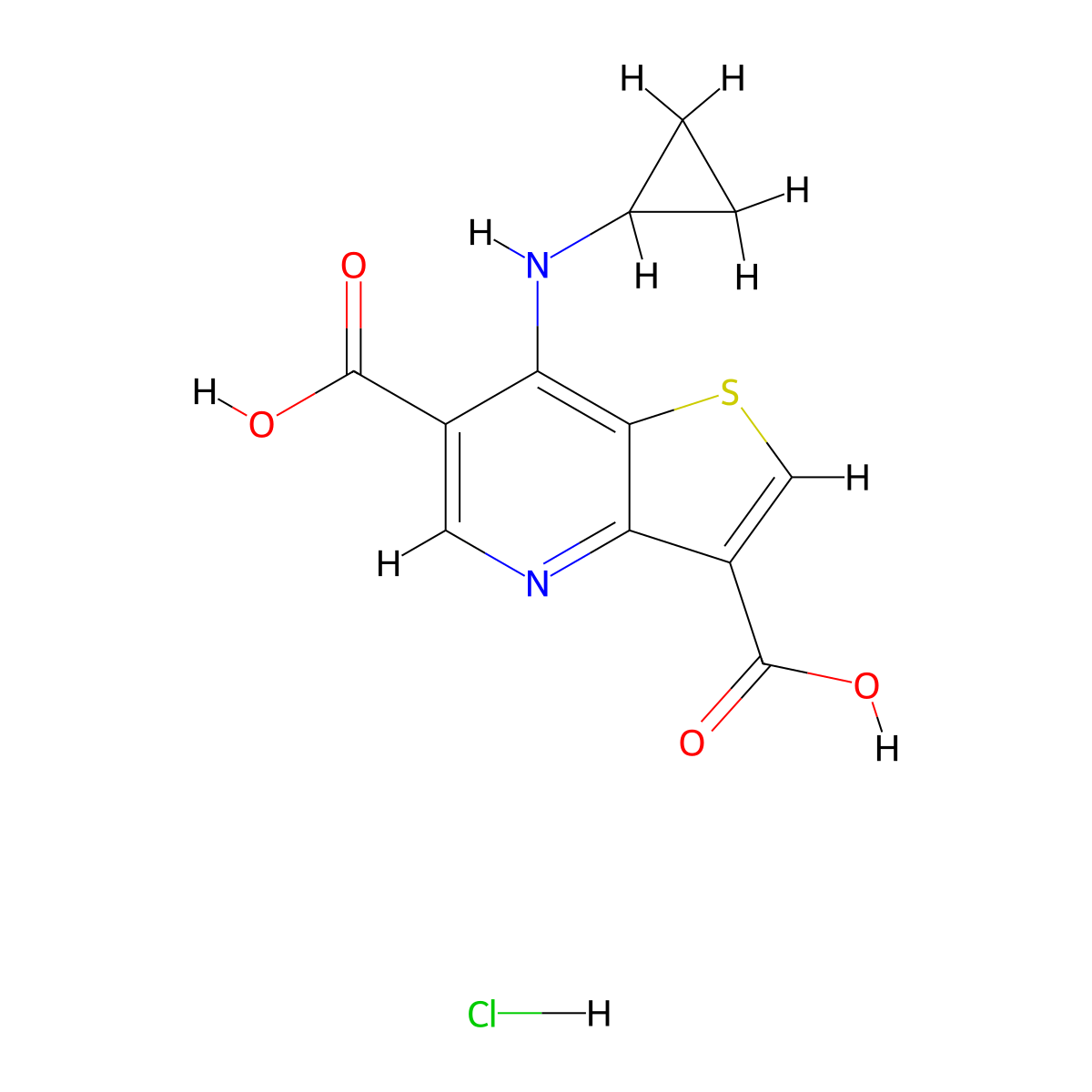 7-(Cyclopropylamino)thieno[3,2-b]pyridine-3,6-dicarboxylic acid hydrochloride molecular structure, CAS 2177258-28-3