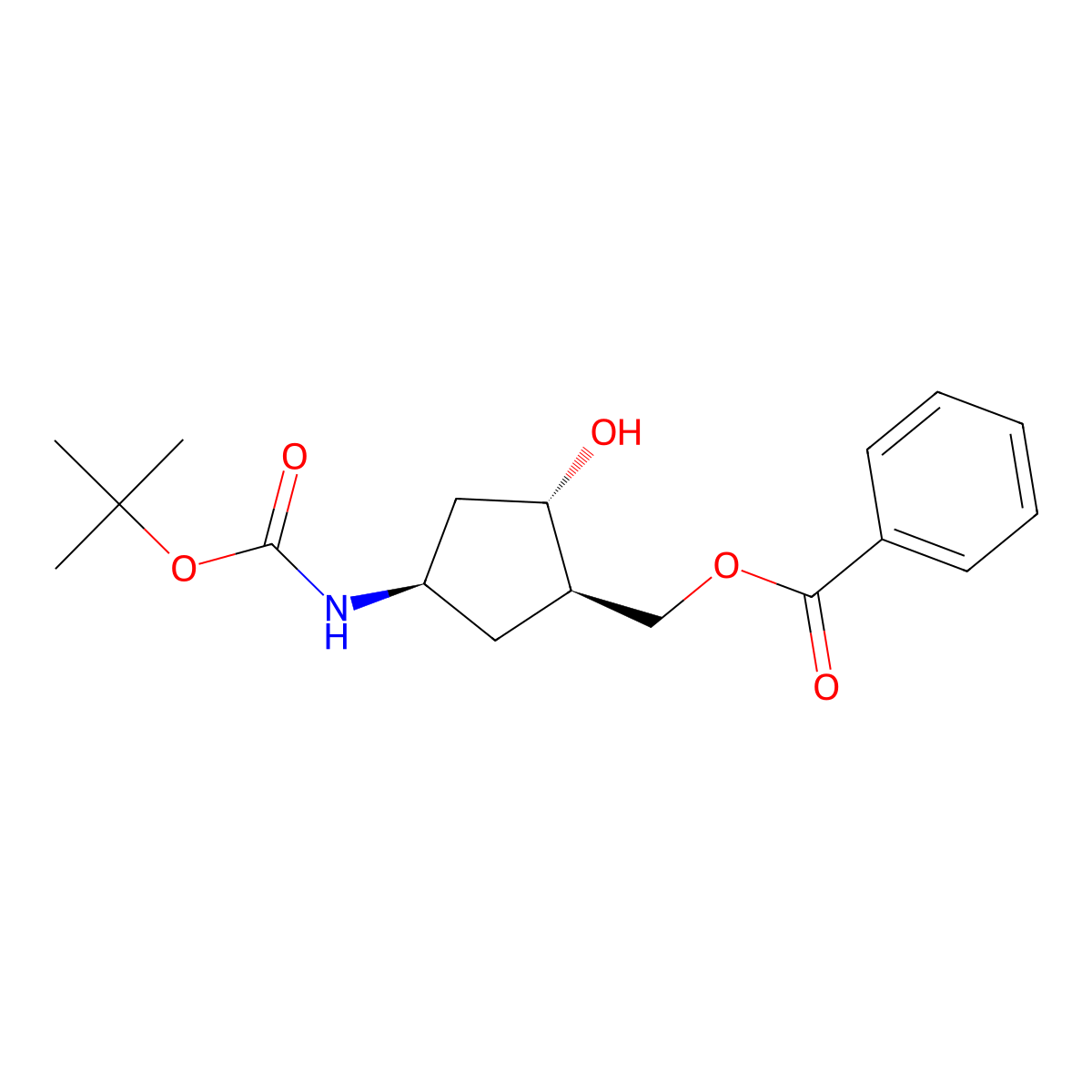 ((1R,2S,4R)-4-((tert-butoxycarbonyl)amino)-2-hydroxycyclopentyl)methyl benzoate molecular structure, CAS 2177258-94-3
