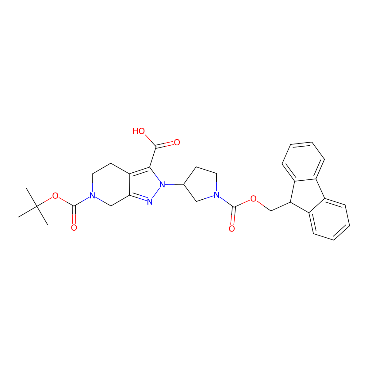 2-(1-(((9H-fluoren-9-yl)methoxy)carbonyl)pyrrolidin-3-yl)-6-(tert-butoxycarbonyl)-4,5,6,7-tetrahydro-2H-pyrazolo[3,4-c]pyridine-3-carboxylic acid molecular structure, CAS 2177259-18-4