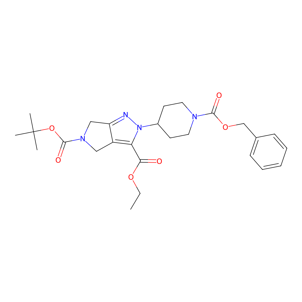 5-tert-butyl3-ethyl2-(1-((benzyloxy)carbonyl)piperidin-4-yl)-4,6-dihydropyrrolo[3,4-c]pyrazole-3,5(2H)-dicarboxylate molecular structure, CAS 2177263-46-4