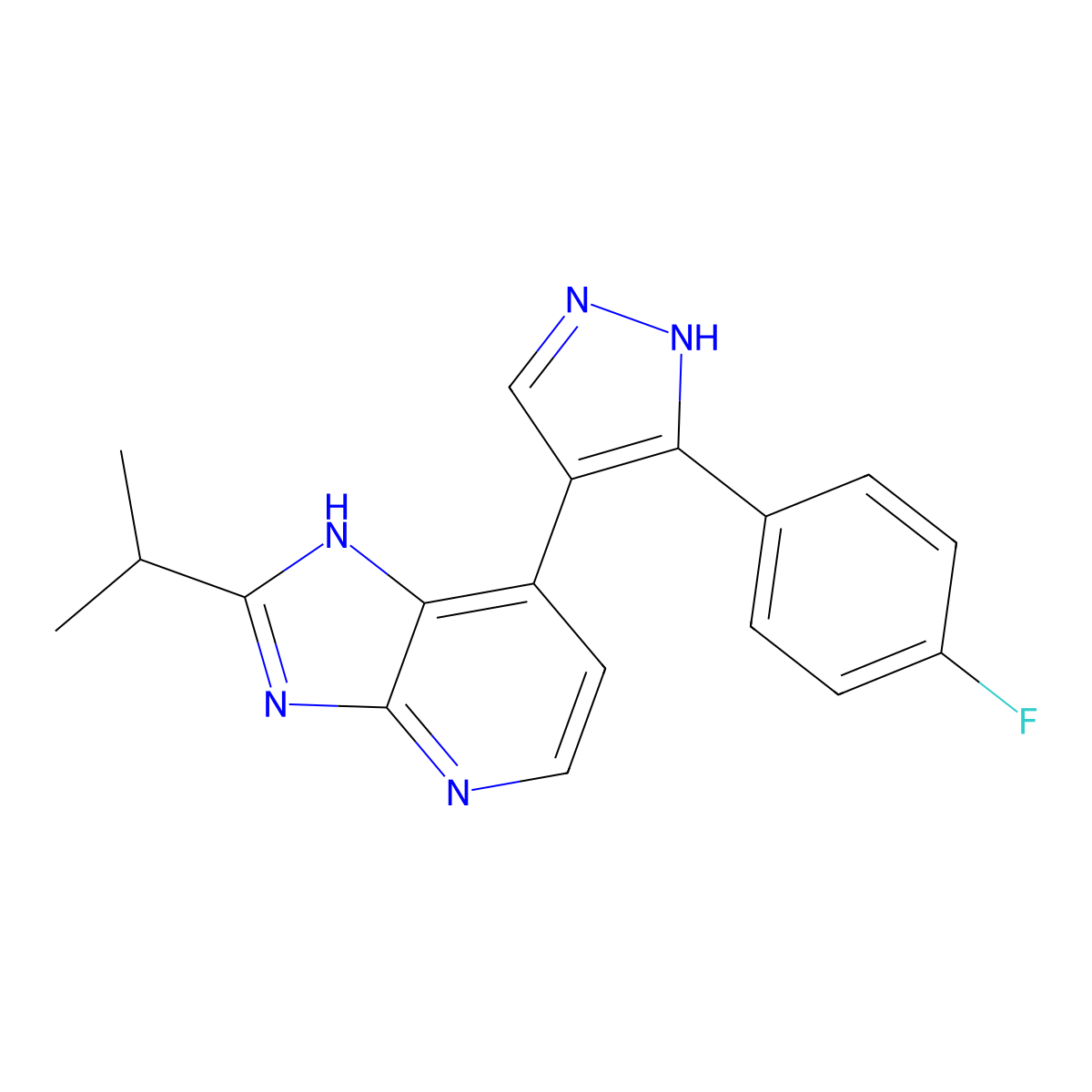 7-(3-(4-fluorophenyl)-1H-pyrazol-4-yl)-2-isopropyl-3H-imidazo[4,5-b]pyridine molecular structure, CAS 2177263-65-7