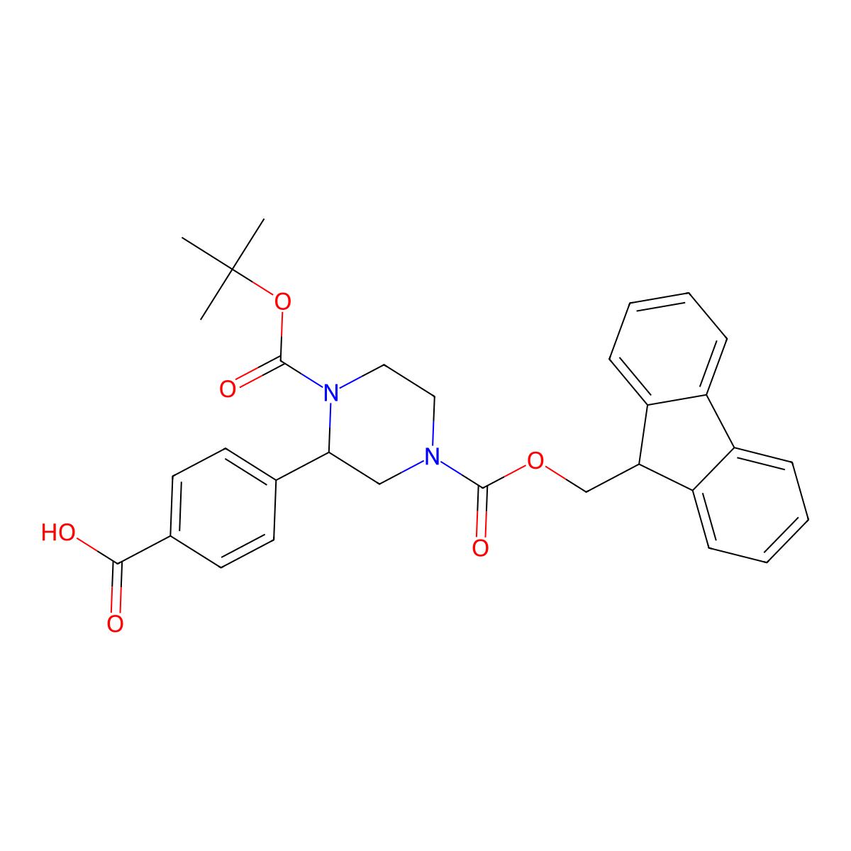 1,4-Piperazinedicarboxylic acid, 2-(4-carboxyphenyl)-, 1-(1,1-dimethylethyl) 4-(9H-fluoren-9-ylmethyl) ester molecular structure, CAS 2177264-18-3