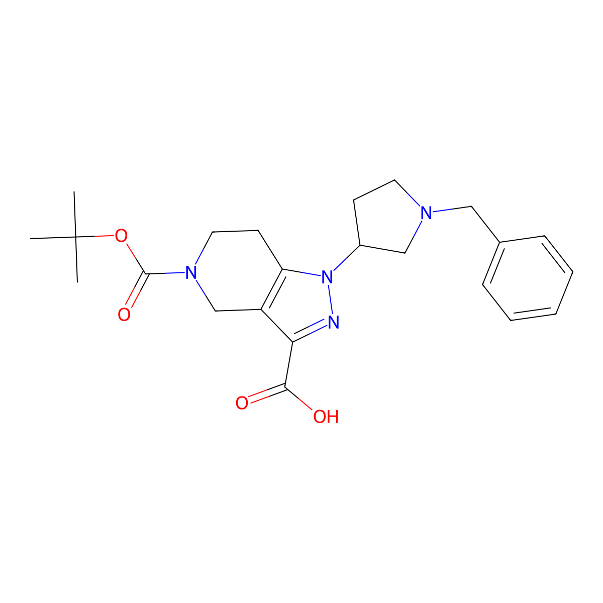 1-(1-Benzylpyrrolidin-3-YL)-5-(tert-butoxycarbonyl)-4,5,6,7-tetrahydro-1H-pyrazolo[4,3-C]pyridine-3-carboxylic acid molecular structure, CAS 2177264-68-3