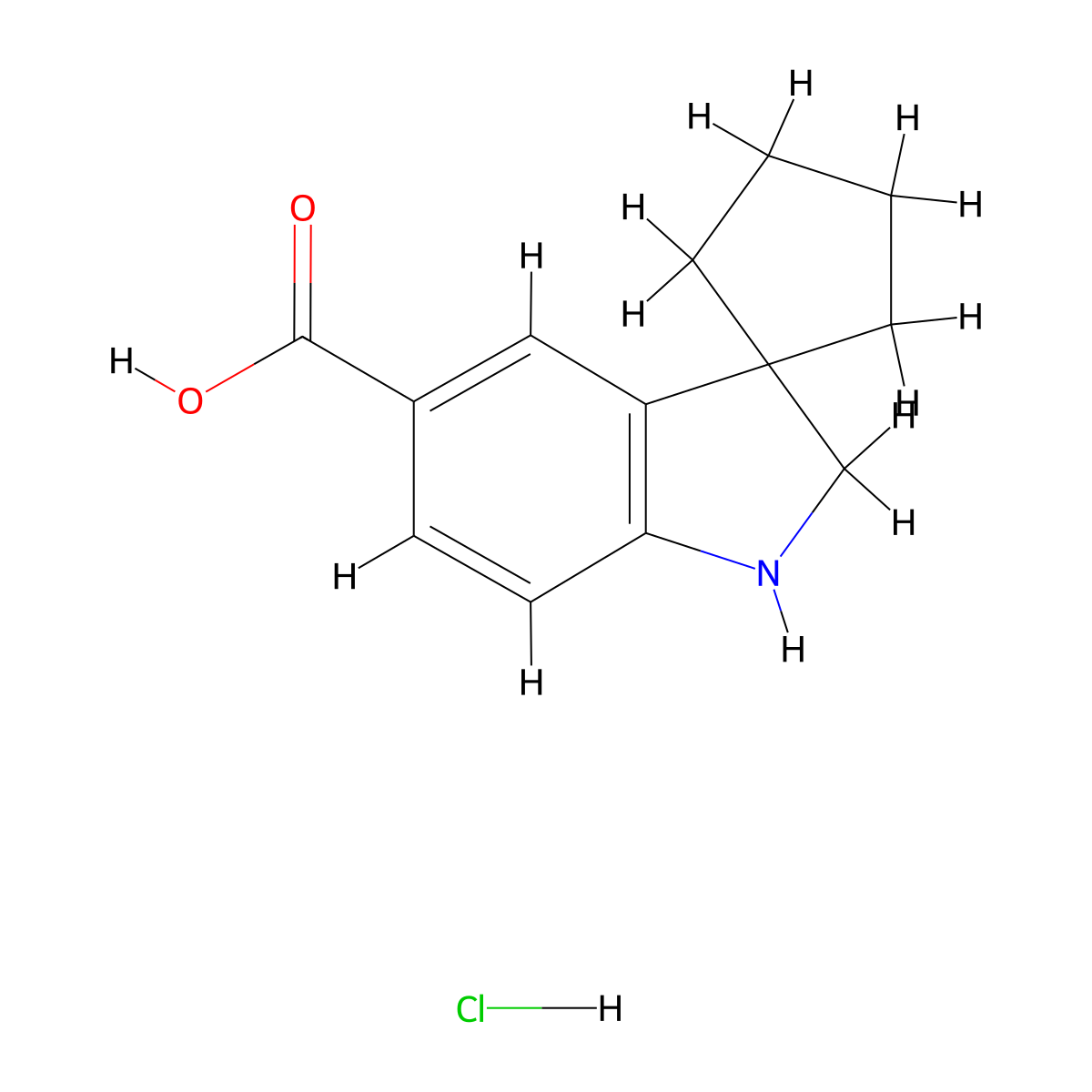 Spiro[cyclopentane-1,3'-indoline]-5'-carboxylic acid hydrochloride molecular structure, CAS 2177264-88-7