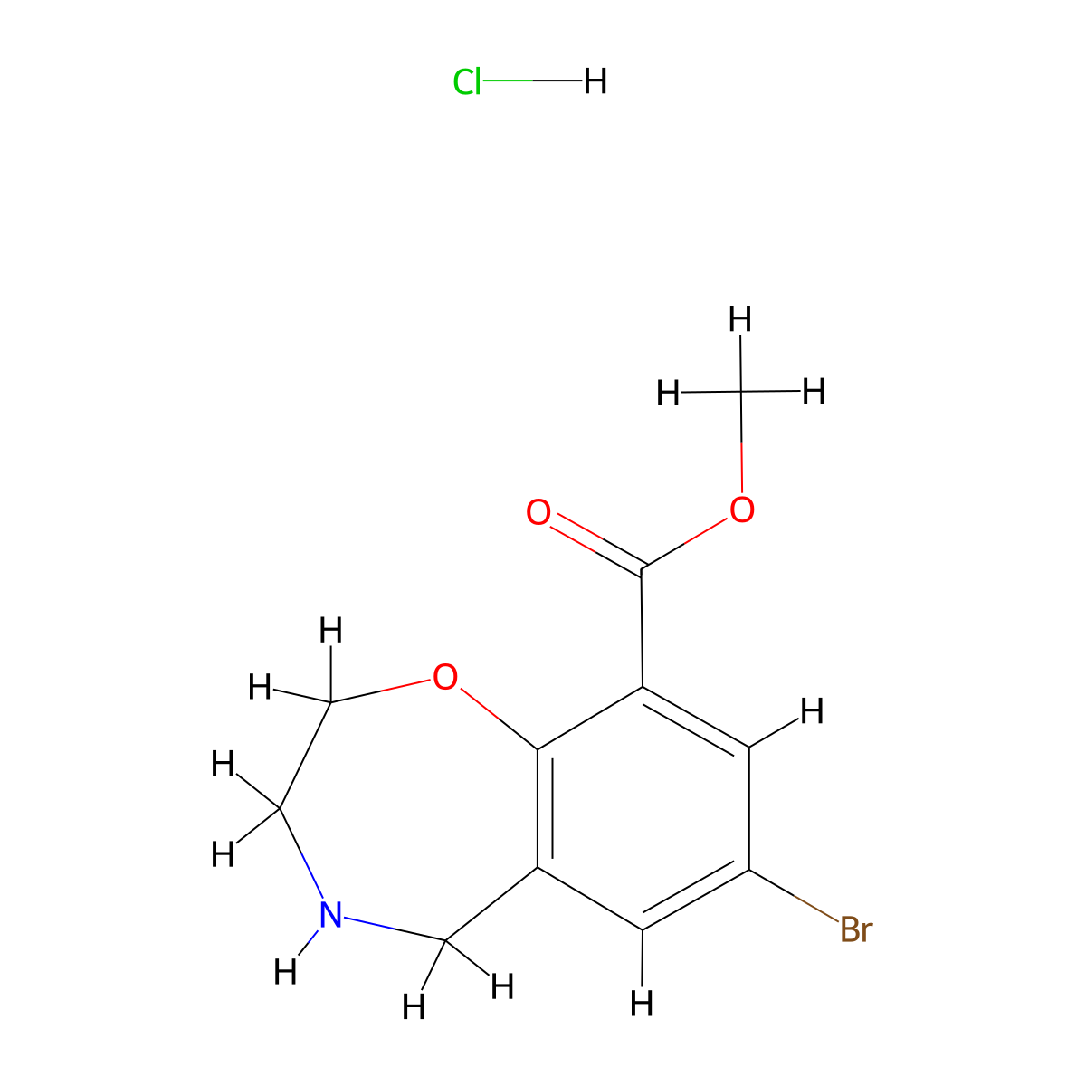 Methyl 7-bromo-2,3,4,5-tetrahydro-1,4-benzoxazepine-9-carboxylate hydrochloride molecular structure, CAS 2177266-72-5