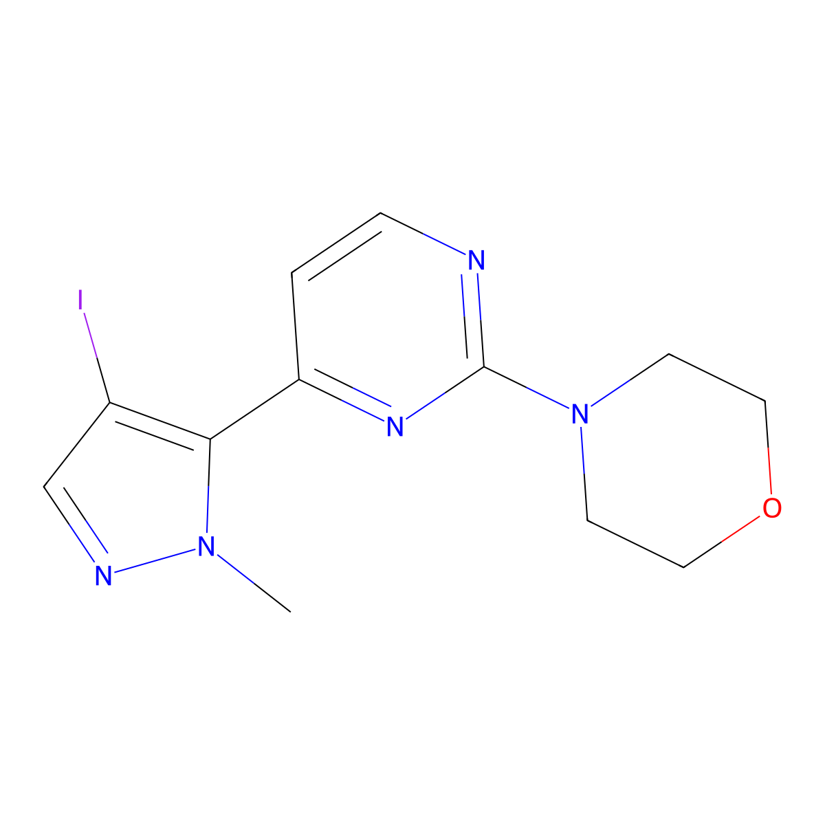 4-(4-(4-Iodo-1-methyl-1H-pyrazol-5-YL)pyrimidin-2-YL)morpholine molecular structure, CAS 2177266-93-0
