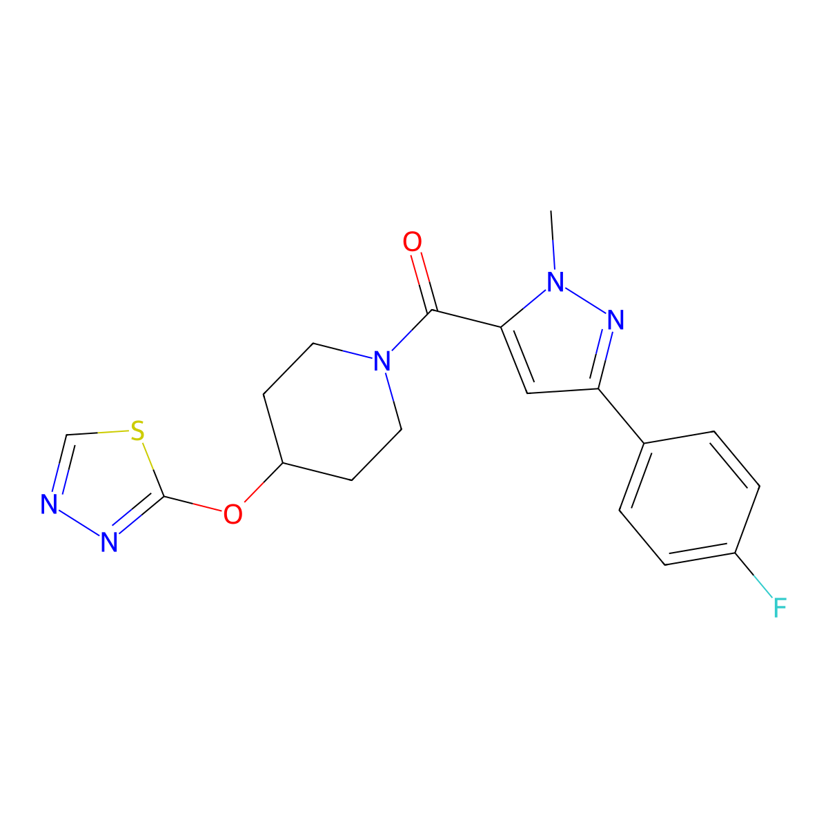 1-[3-(4-fluorophenyl)-1-methyl-1H-pyrazole-5-carbonyl]-4-(1,3,4-thiadiazol-2-yloxy)piperidine molecular structure, CAS 2177365-40-9