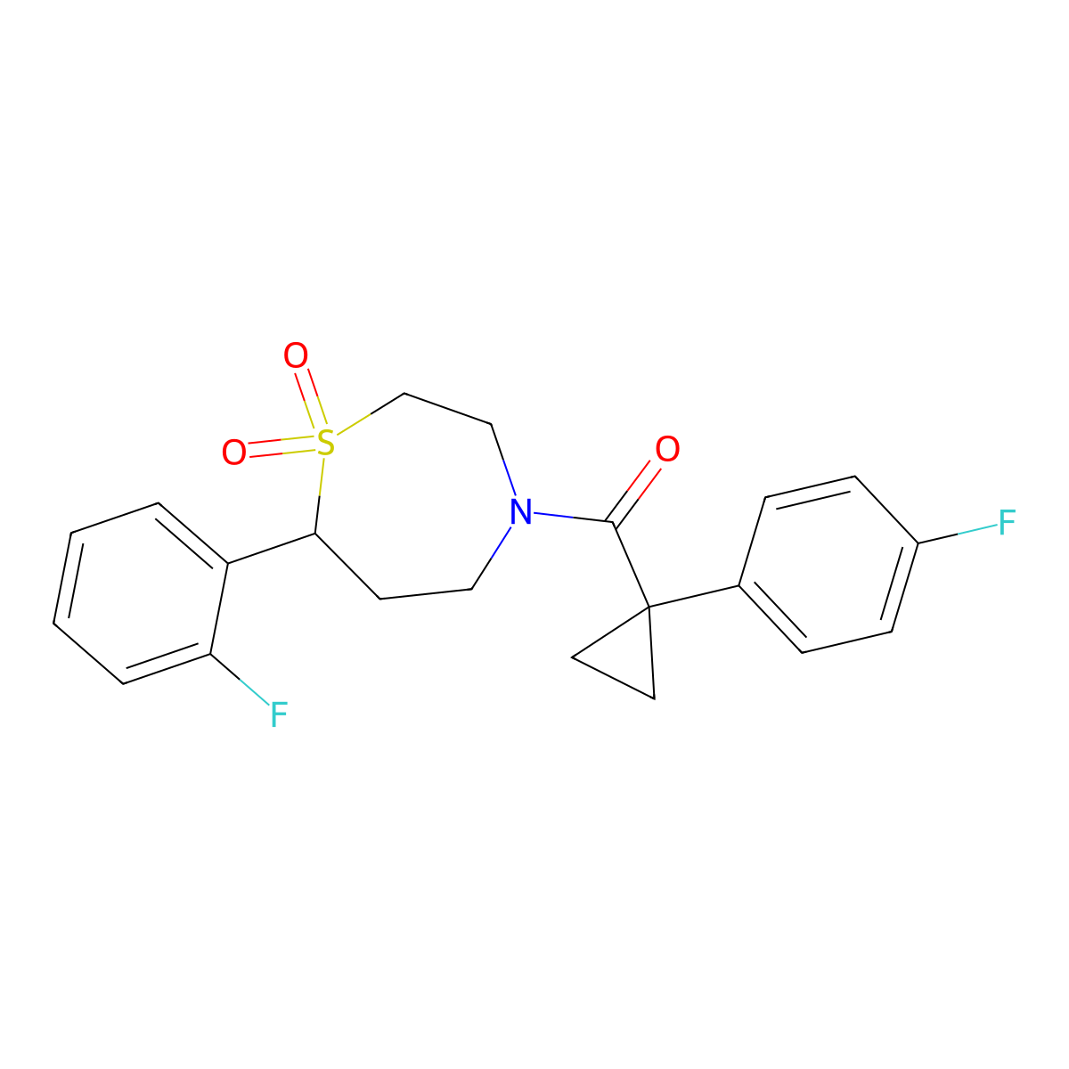 (7-(2-Fluorophenyl)-1,1-dioxido-1,4-thiazepan-4-yl)(1-(4-fluorophenyl)cyclopropyl)methanone molecular structure, CAS 2177365-41-0