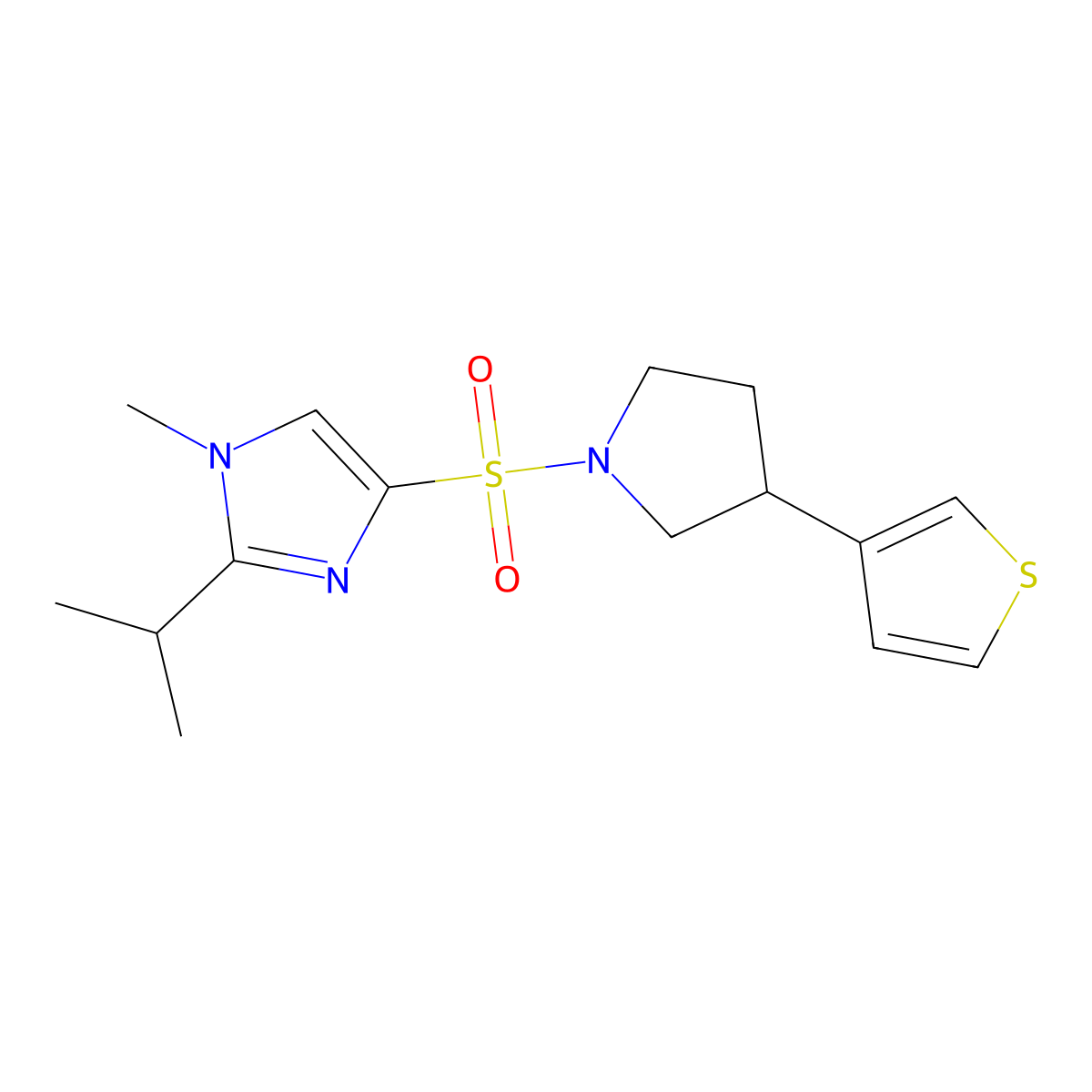 1-methyl-2-(propan-2-yl)-4-{[3-(thiophen-3-yl)pyrrolidin-1-yl]sulfonyl}-1H-imidazole molecular structure, CAS 2177365-47-6