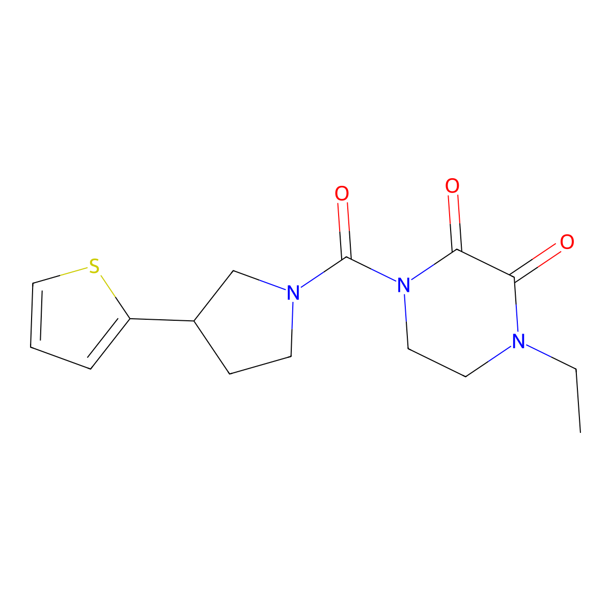 1-Ethyl-4-(3-(thiophen-2-yl)pyrrolidine-1-carbonyl)piperazine-2,3-dione molecular structure, CAS 2177365-64-7