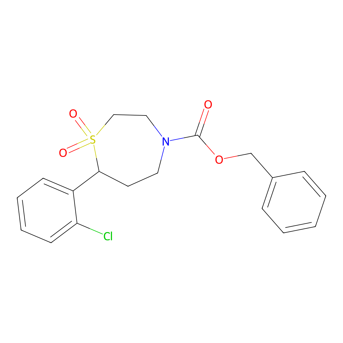Benzyl 7-(2-chlorophenyl)-1,4-thiazepane-4-carboxylate 1,1-dioxide molecular structure, CAS 2177365-72-7