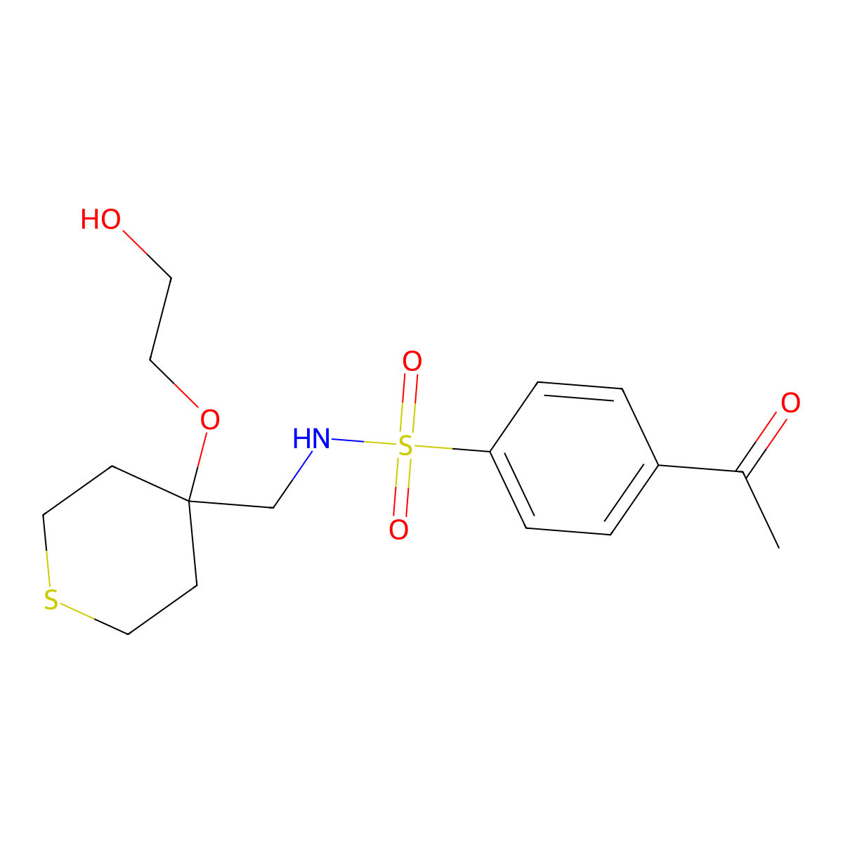 4-acetyl-N-((4-(2-hydroxyethoxy)tetrahydro-2H-thiopyran-4-yl)methyl)benzenesulfonamide molecular structure, CAS 2177365-74-9