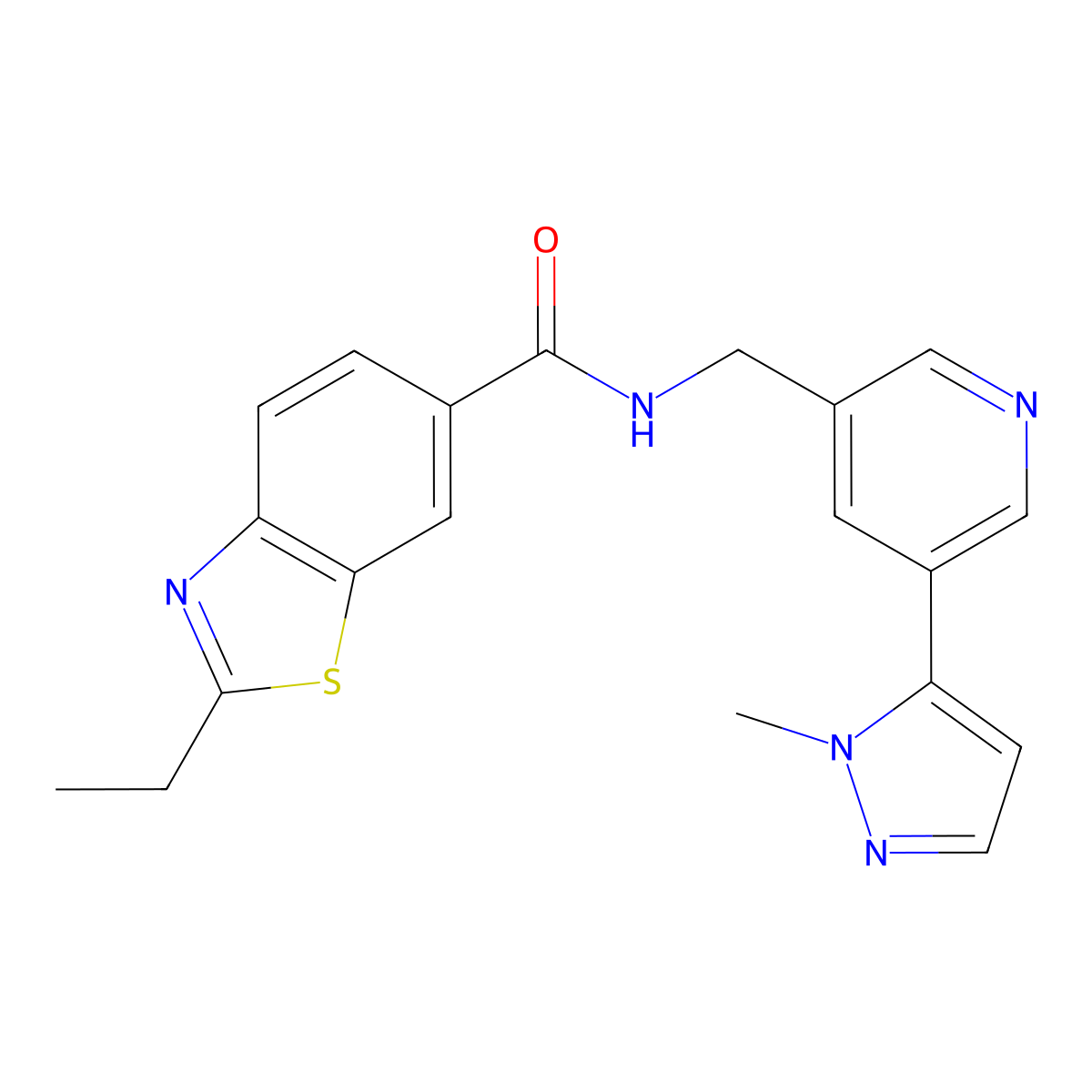 2-ethyl-N-((5-(1-methyl-1H-pyrazol-5-yl)pyridin-3-yl)methyl)benzo[d]thiazole-6-carboxamide molecular structure, CAS 2177365-83-0