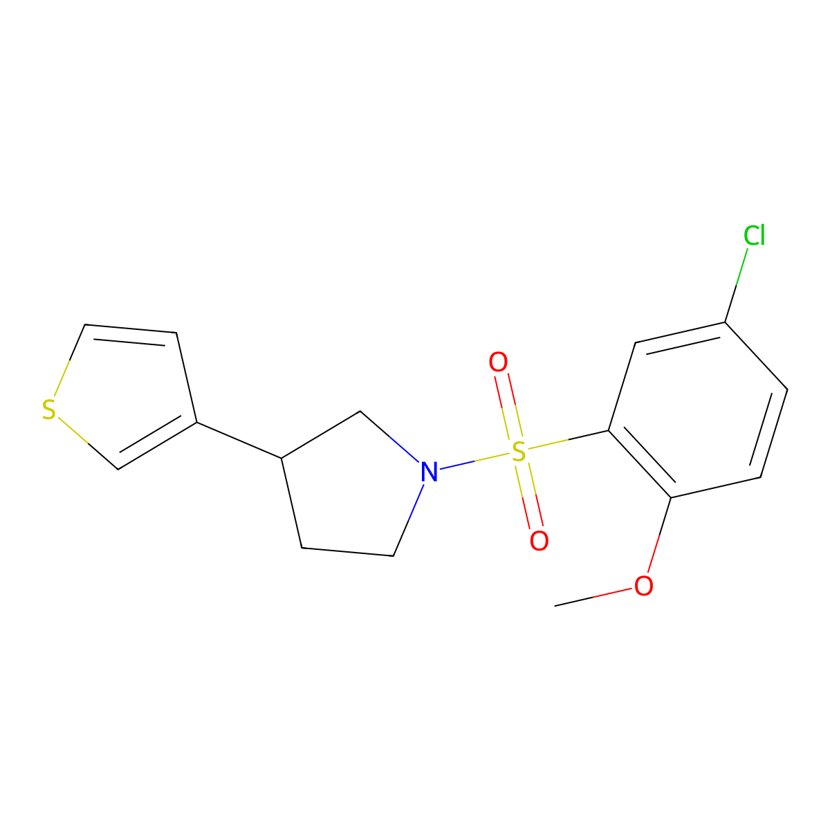 1-((5-Chloro-2-methoxyphenyl)sulfonyl)-3-(thiophen-3-yl)pyrrolidine molecular structure, CAS 2177365-92-1