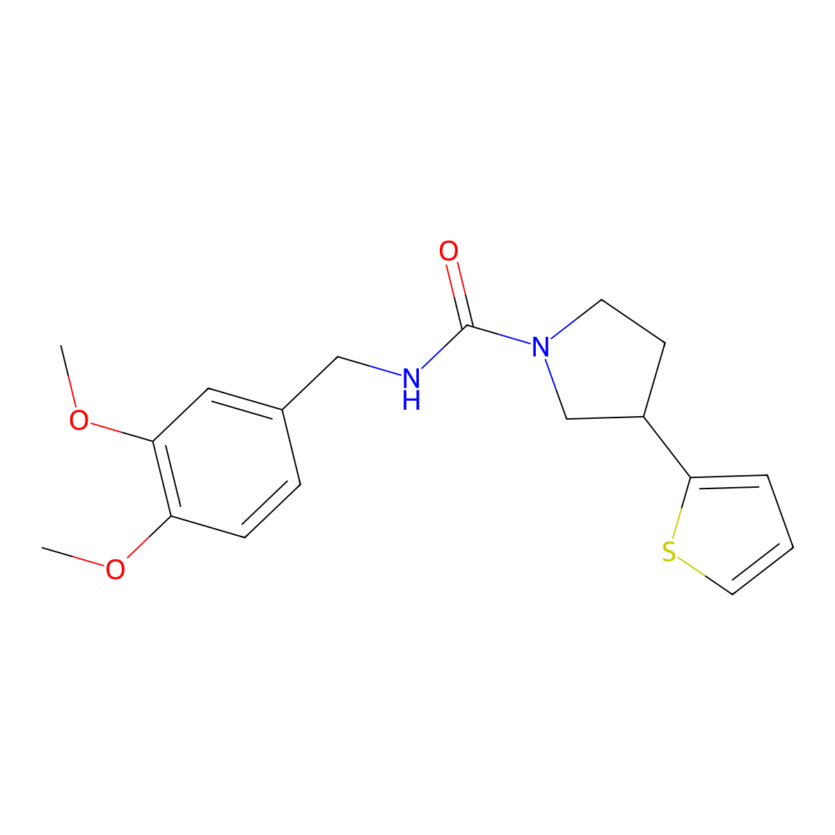 N-(3,4-dimethoxybenzyl)-3-(thiophen-2-yl)pyrrolidine-1-carboxamide molecular structure, CAS 2177365-98-7