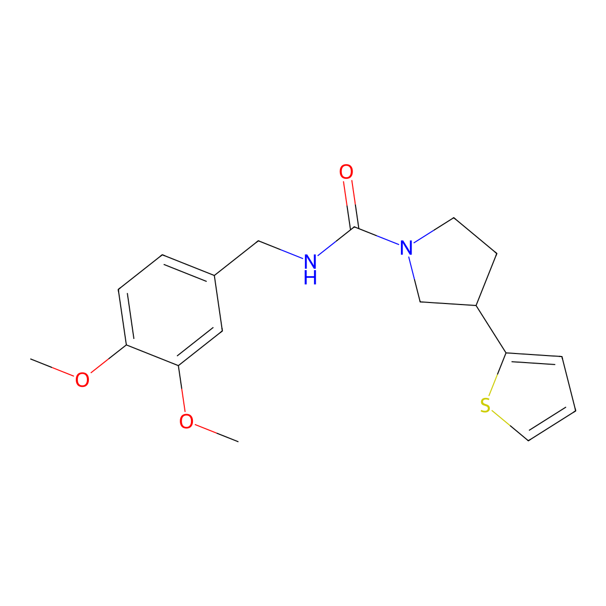 N-(3,4-dimethoxybenzyl)-3-(thiophen-2-yl)pyrrolidine-1-carboxamide molecular structure, CAS 2177365-98-7