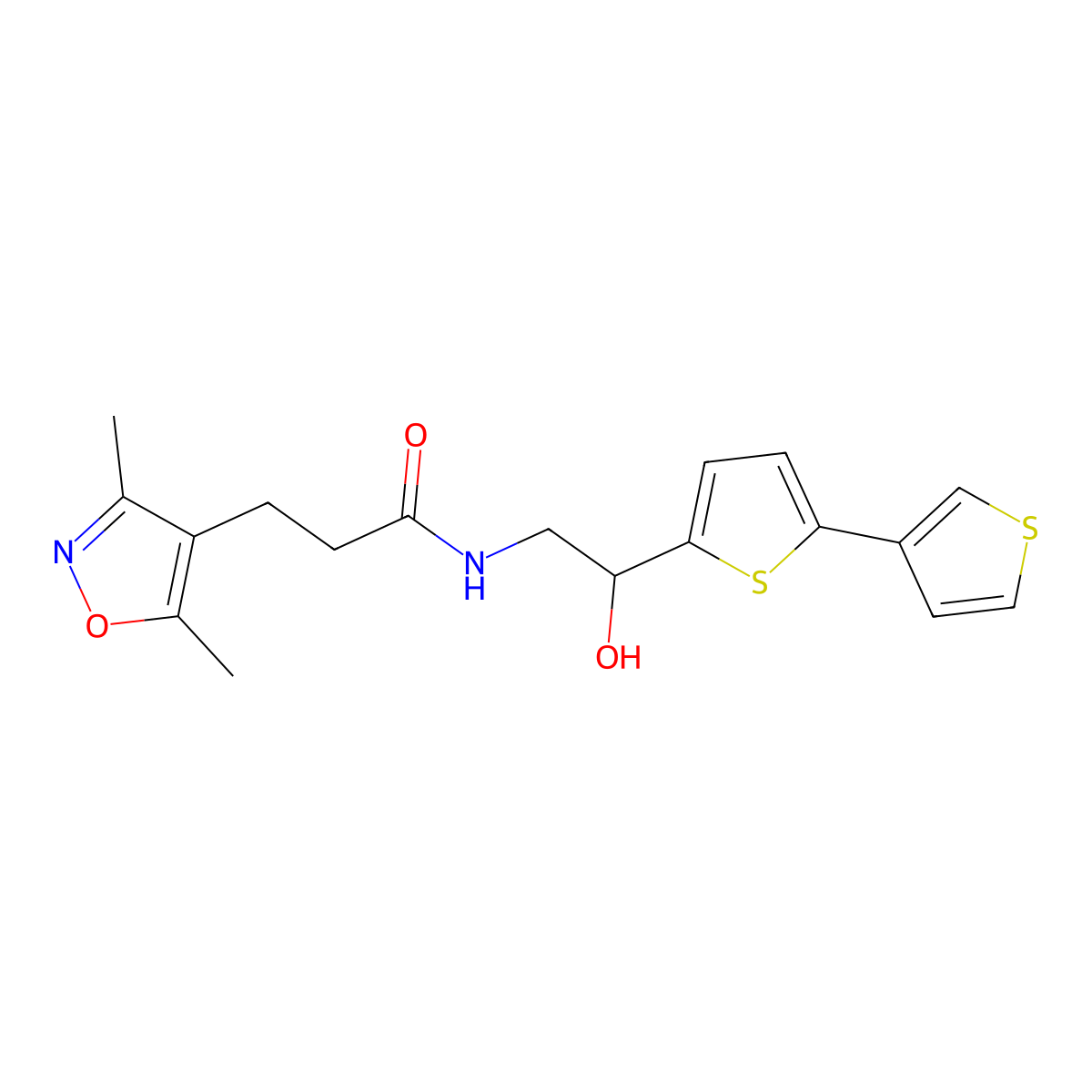 N-(2-([2,3'-bithiophen]-5-yl)-2-hydroxyethyl)-3-(3,5-dimethylisoxazol-4-yl)propanamide molecular structure, CAS 2177365-99-8
