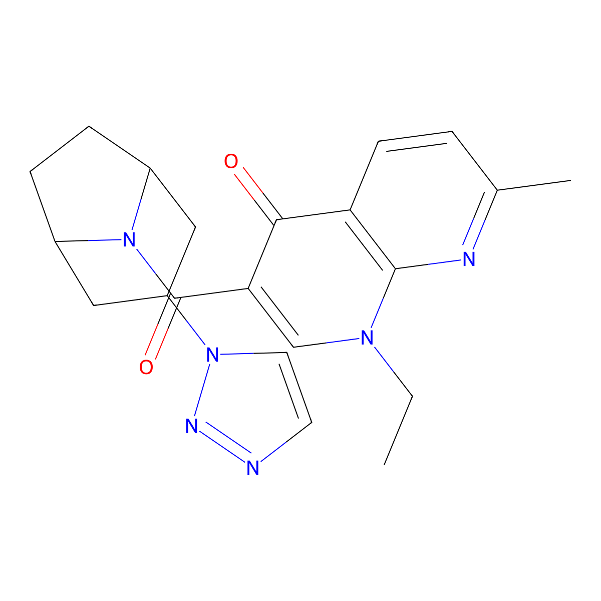 1-ethyl-7-methyl-3-[3-(1H-1,2,3-triazol-1-yl)-8-azabicyclo[3.2.1]octane-8-carbonyl]-1,4-dihydro-1,8-naphthyridin-4-one molecular structure, CAS 2177366-00-4