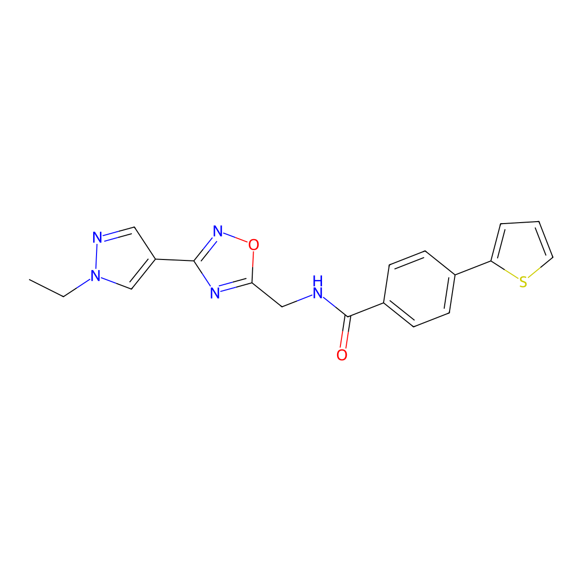 N-((3-(1-ethyl-1H-pyrazol-4-yl)-1,2,4-oxadiazol-5-yl)methyl)-4-(thiophen-2-yl)benzamide molecular structure, CAS 2177366-01-5