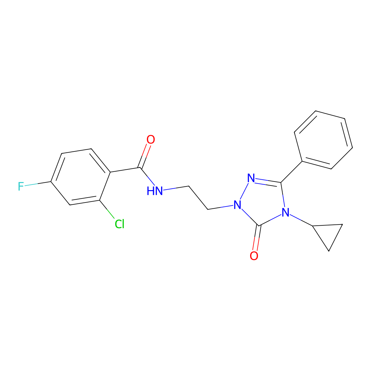 2-chloro-N-[2-(4-cyclopropyl-5-oxo-3-phenyl-4,5-dihydro-1H-1,2,4-triazol-1-yl)ethyl]-4-fluorobenzamide molecular structure, CAS 2177366-02-6