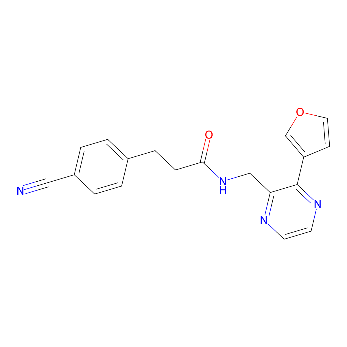 3-(4-cyanophenyl)-N-((3-(furan-3-yl)pyrazin-2-yl)methyl)propanamide molecular structure, CAS 2177366-10-6