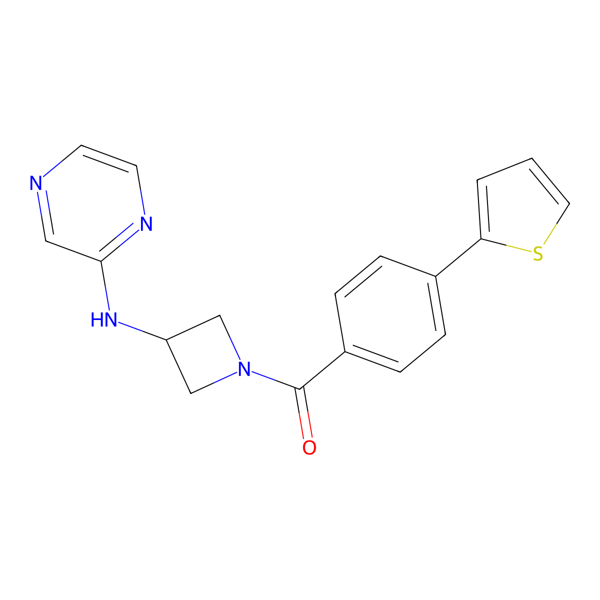 (3-(Pyrazin-2-ylamino)azetidin-1-yl)(4-(thiophen-2-yl)phenyl)methanone molecular structure, CAS 2177366-13-9