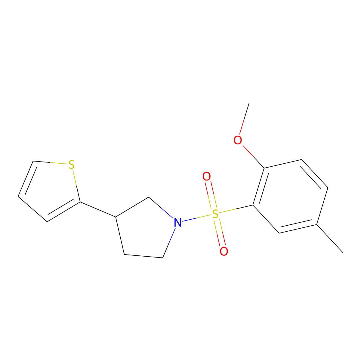 1-((2-Methoxy-5-methylphenyl)sulfonyl)-3-(thiophen-2-yl)pyrrolidine molecular structure, CAS 2177366-14-0