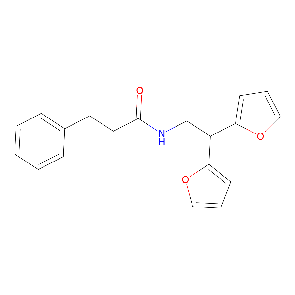 N-[2,2-bis(furan-2-yl)ethyl]-3-phenylpropanamide molecular structure, CAS 2177366-15-1