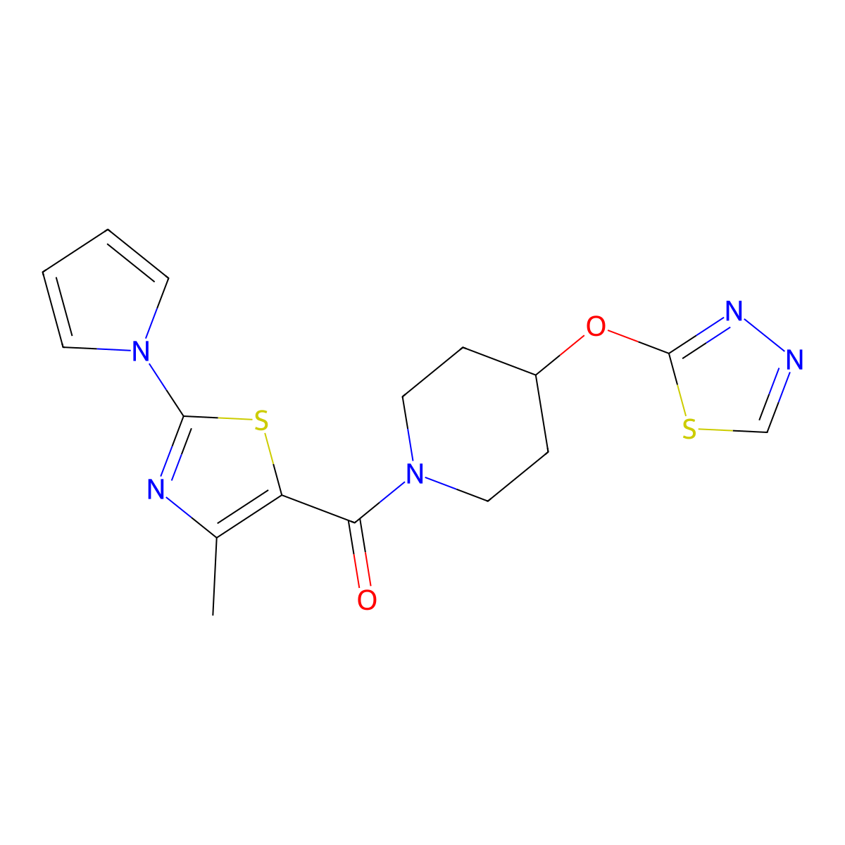 1-[4-methyl-2-(1H-pyrrol-1-yl)-1,3-thiazole-5-carbonyl]-4-(1,3,4-thiadiazol-2-yloxy)piperidine molecular structure, CAS 2177366-17-3