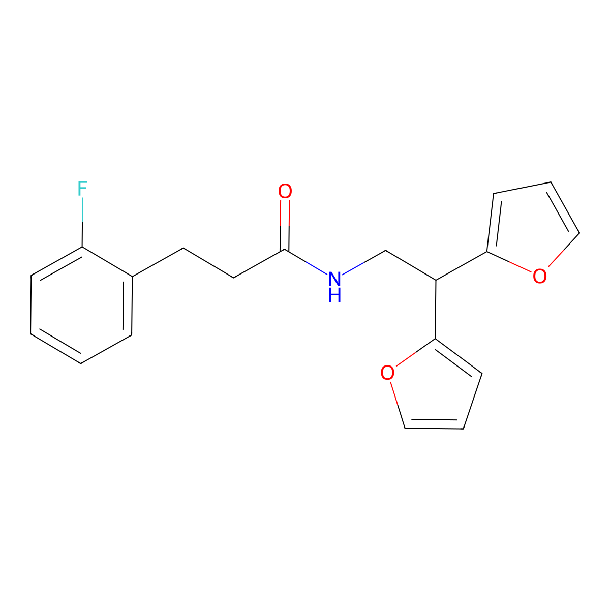 N-[2,2-bis(furan-2-yl)ethyl]-3-(2-fluorophenyl)propanamide molecular structure, CAS 2177366-18-4