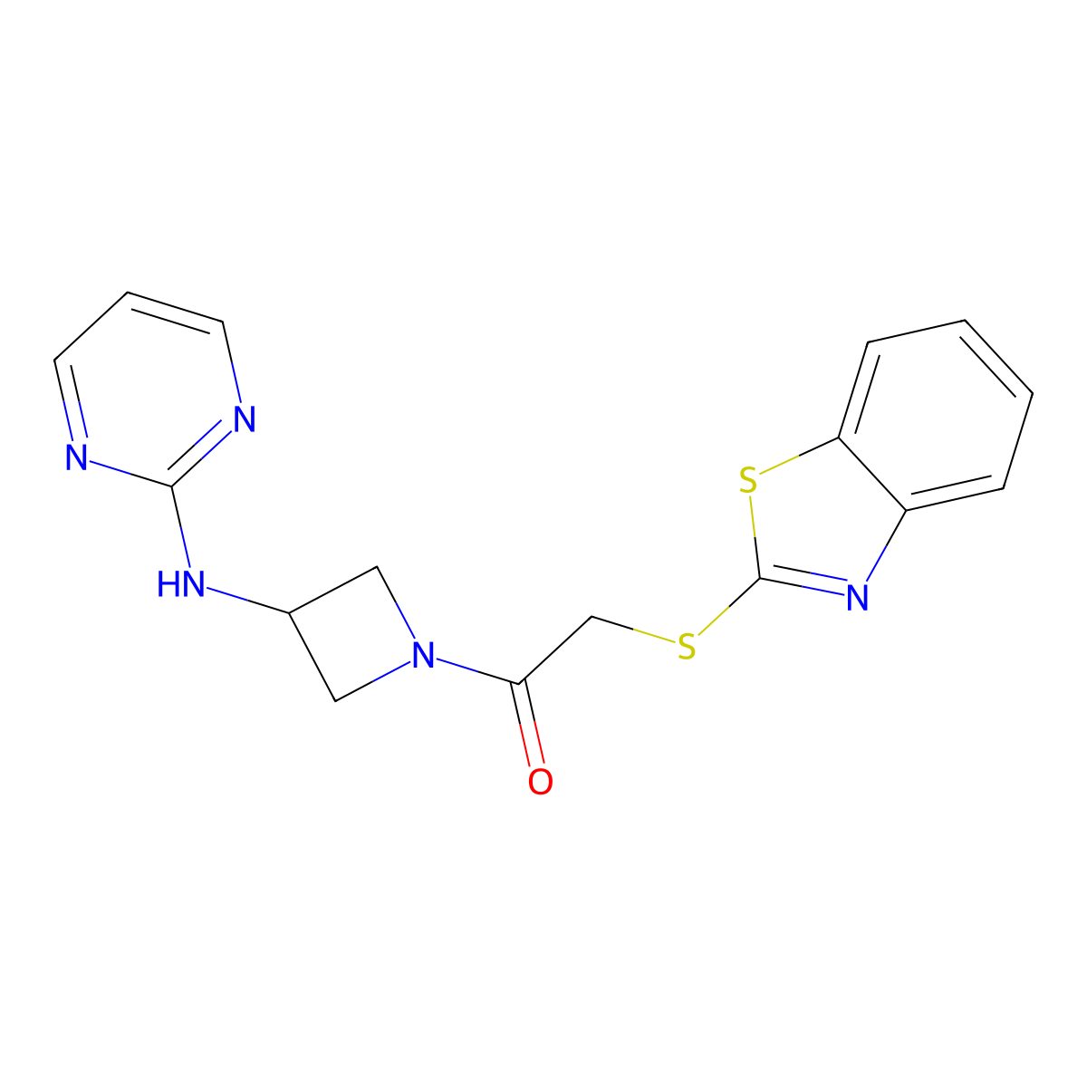2-(Benzo[d]thiazol-2-ylthio)-1-(3-(pyrimidin-2-ylamino)azetidin-1-yl)ethanone molecular structure, CAS 2177366-20-8