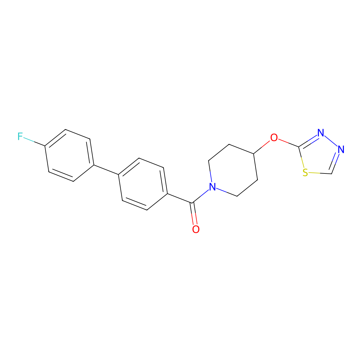 1-{4'-Fluoro-[1,1'-biphenyl]-4-carbonyl}-4-(1,3,4-thiadiazol-2-yloxy)piperidine molecular structure, CAS 2177366-32-2