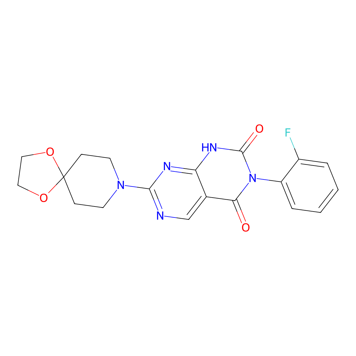 3-(2-fluorophenyl)-7-(1,4-dioxa-8-azaspiro[4.5]decan-8-yl)pyrimido[4,5-d]pyrimidine-2,4(1H,3H)-dione molecular structure, CAS 2177366-34-4