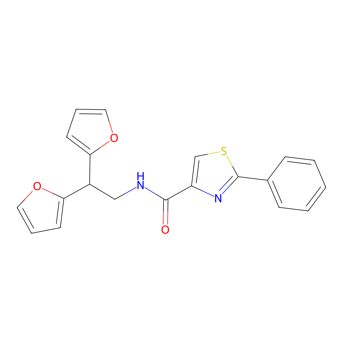 N-[2,2-bis(furan-2-yl)ethyl]-2-phenyl-1,3-thiazole-4-carboxamide molecular structure, CAS 2177449-97-5