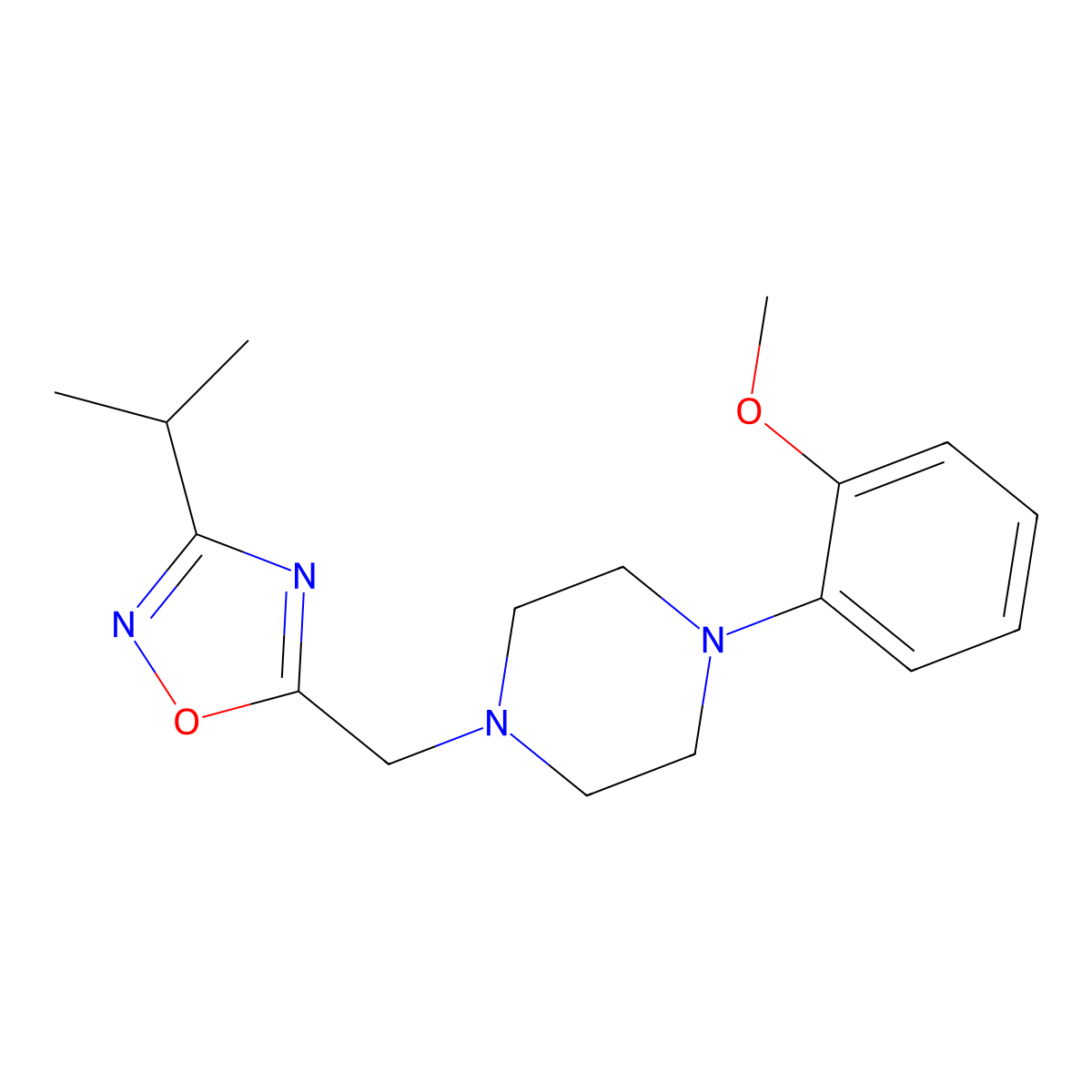 1-(2-Methoxyphenyl)-4-{[3-(propan-2-yl)-1,2,4-oxadiazol-5-yl]methyl}piperazine molecular structure, CAS 2177866-54-3