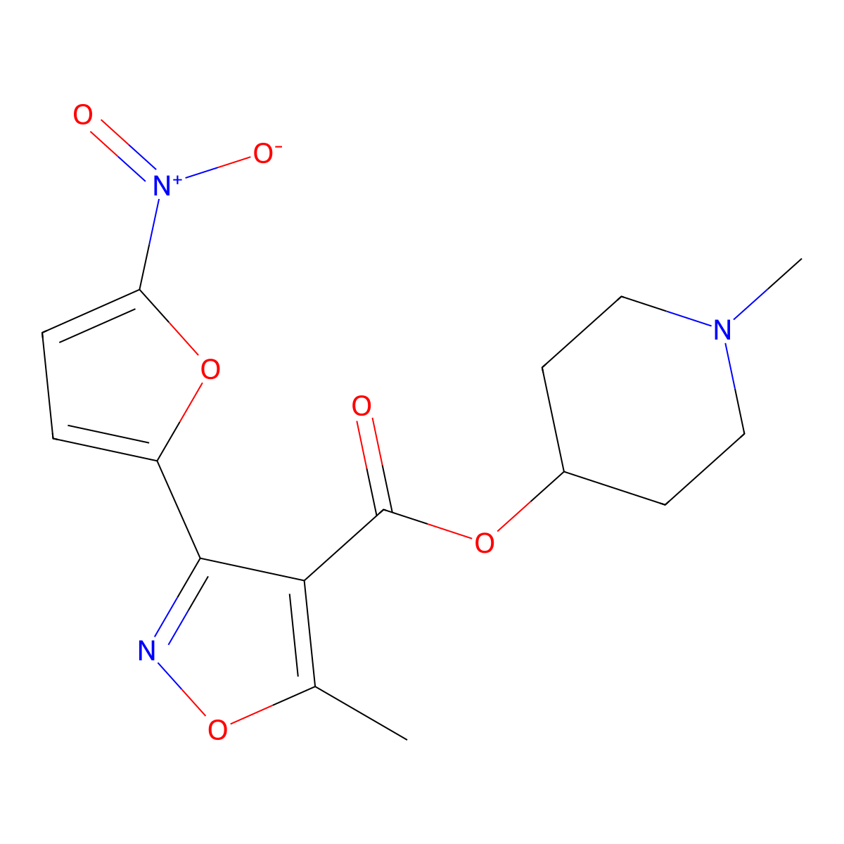 4-Isoxazolecarboxylic acid, 5-methyl-3-(5-nitro-2-furyl)-, 1-methyl-4-piperidyl ester molecular structure, CAS 21787-36-0