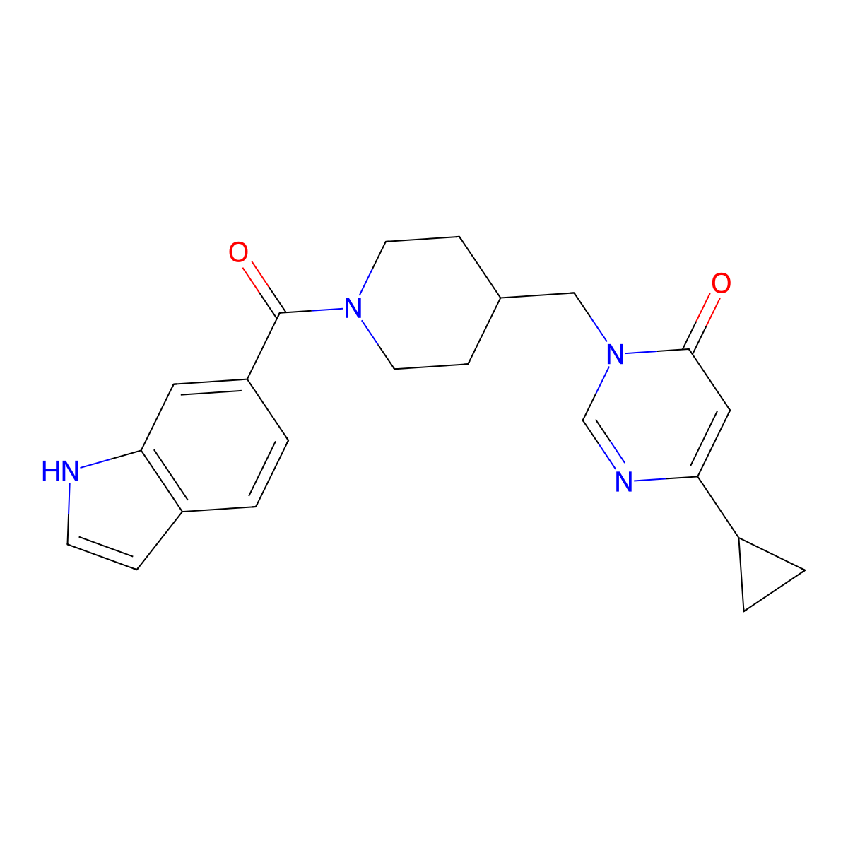 6-cyclopropyl-3-{[1-(1H-indole-6-carbonyl)piperidin-4-yl]methyl}-3,4-dihydropyrimidin-4-one molecular structure, CAS 2178770-97-1