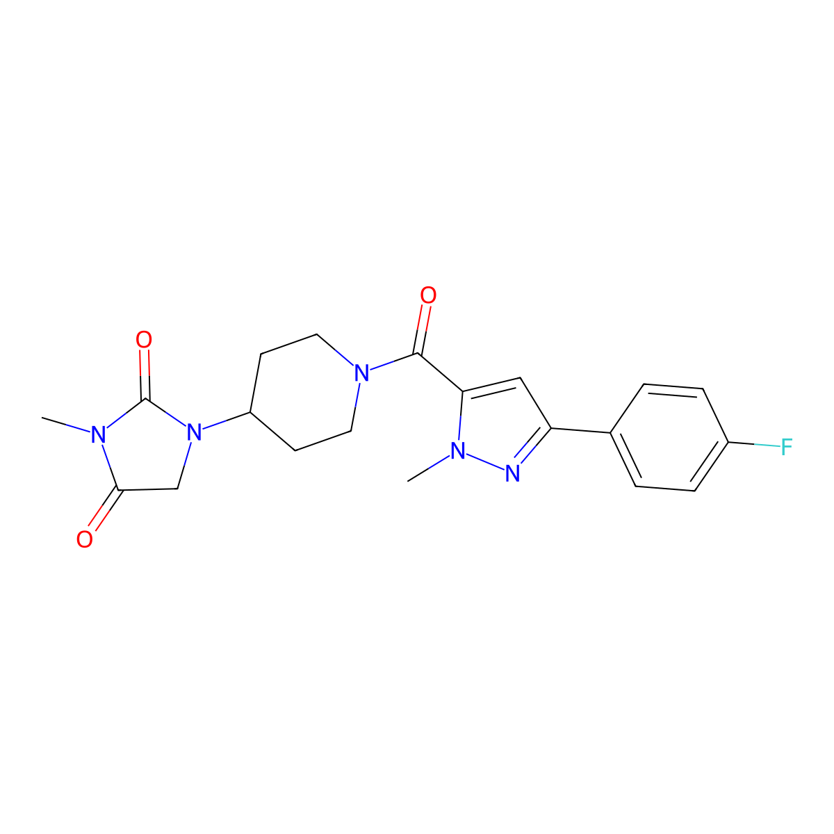 1-{1-[3-(4-fluorophenyl)-1-methyl-1H-pyrazole-5-carbonyl]piperidin-4-yl}-3-methylimidazolidine-2,4-dione molecular structure, CAS 2178771-34-9