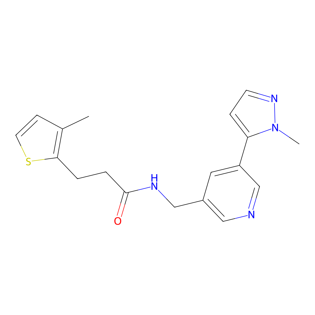 N-{[5-(1-methyl-1H-pyrazol-5-yl)pyridin-3-yl]methyl}-3-(3-methylthiophen-2-yl)propanamide molecular structure, CAS 2178771-44-1