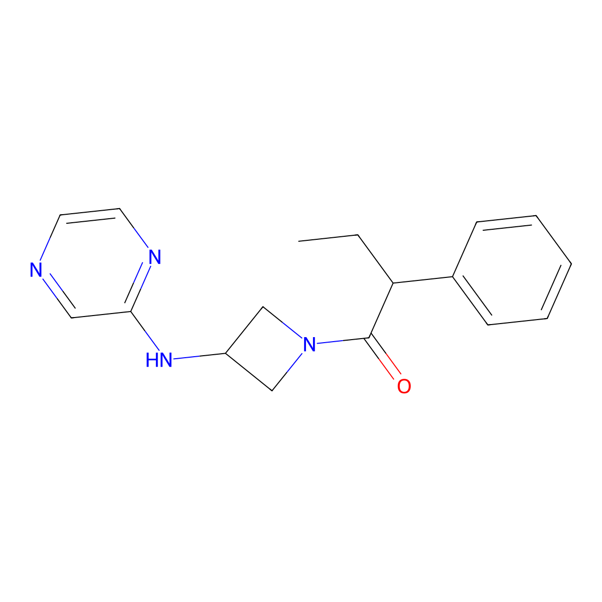 2-Phenyl-1-{3-[(pyrazin-2-yl)amino]azetidin-1-yl}butan-1-one molecular structure, CAS 2178771-46-3