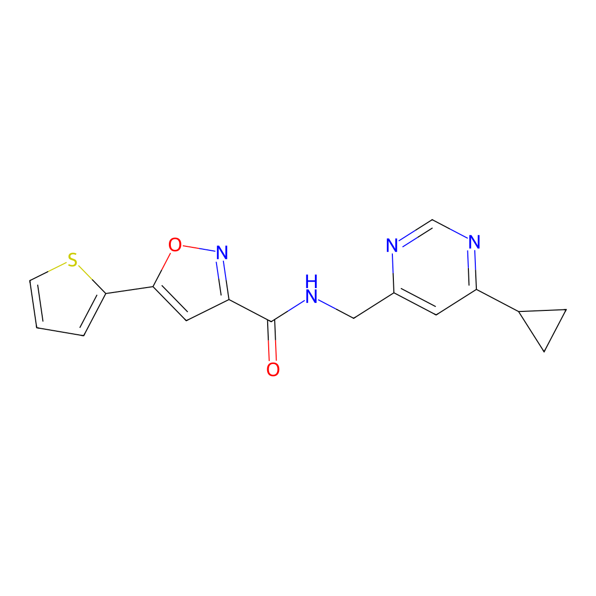 N-((6-cyclopropylpyrimidin-4-yl)methyl)-5-(thiophen-2-yl)isoxazole-3-carboxamide molecular structure, CAS 2178771-54-3
