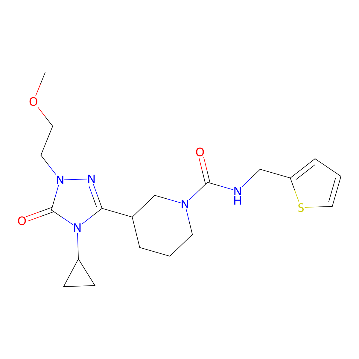 3-(4-cyclopropyl-1-(2-methoxyethyl)-5-oxo-4,5-dihydro-1H-1,2,4-triazol-3-yl)-N-(thiophen-2-ylmethyl)piperidine-1-carboxamide molecular structure, CAS 2178771-58-7