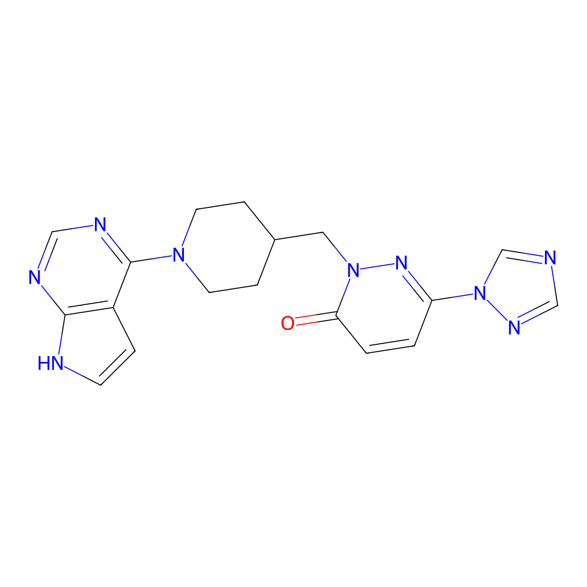 2-[(1-{7H-pyrrolo[2,3-d]pyrimidin-4-yl}piperidin-4-yl)methyl]-6-(1H-1,2,4-triazol-1-yl)-2,3-dihydropyridazin-3-one molecular structure, CAS 2178771-90-7