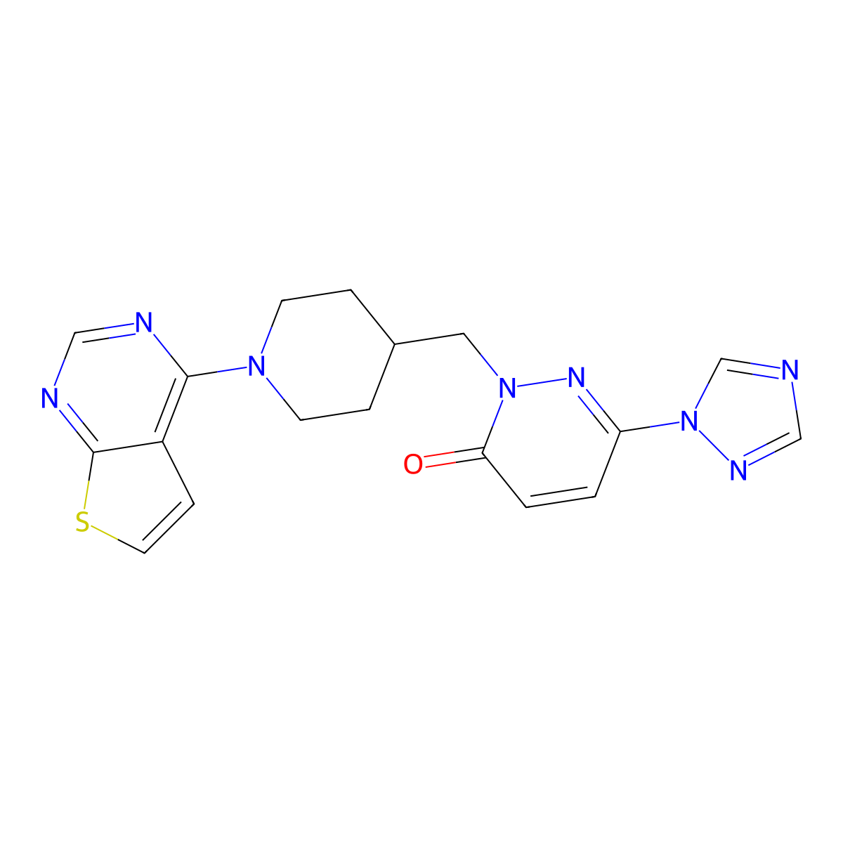 2-[(1-{thieno[2,3-d]pyrimidin-4-yl}piperidin-4-yl)methyl]-6-(1H-1,2,4-triazol-1-yl)-2,3-dihydropyridazin-3-one molecular structure, CAS 2178772-11-5