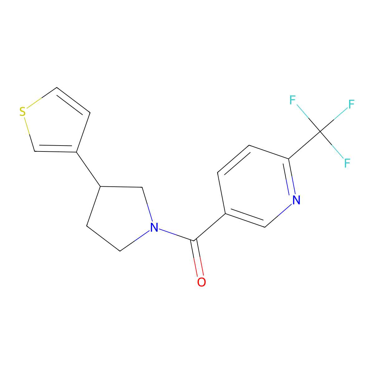5-[3-(Thiophen-3-yl)pyrrolidine-1-carbonyl]-2-(trifluoromethyl)pyridine molecular structure, CAS 2178772-62-6